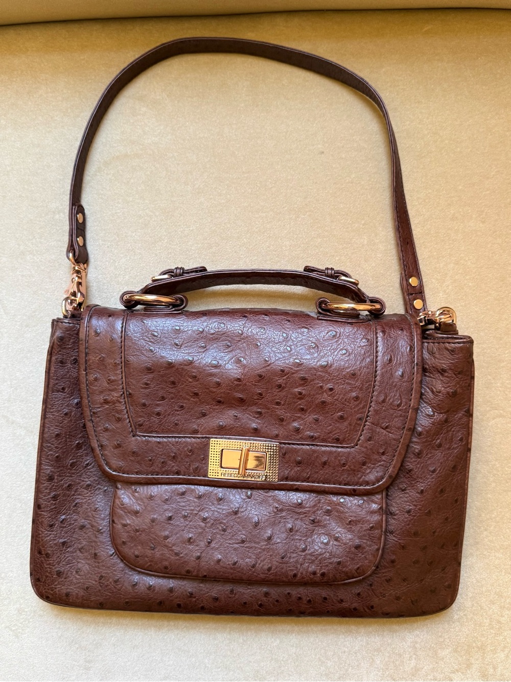 EUC Deep Brown Rebecca Minkoff Covet Ostrich Leather Top-Handle Shoulder Bag